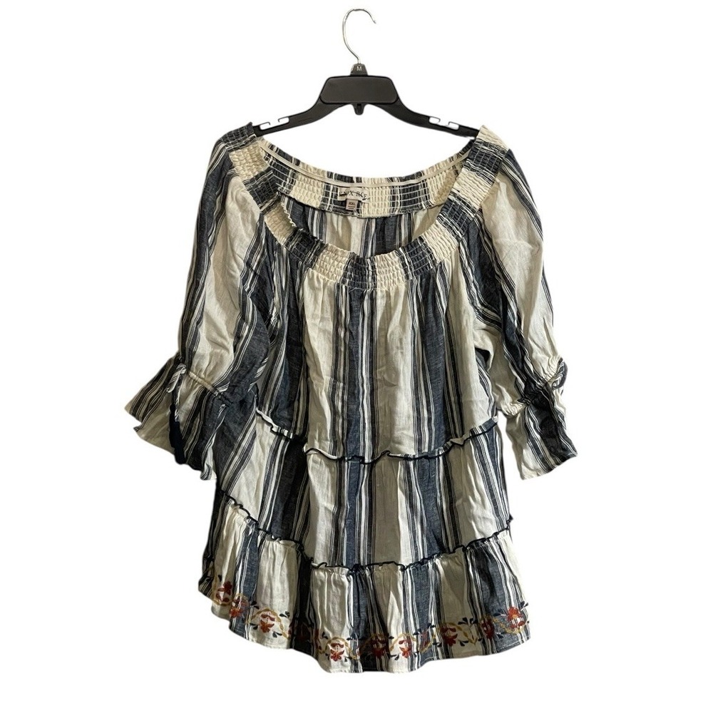 Knox Rose 2XL Boho Top Linen Blend Stripe Off Shoulder Floral Festival Coastal